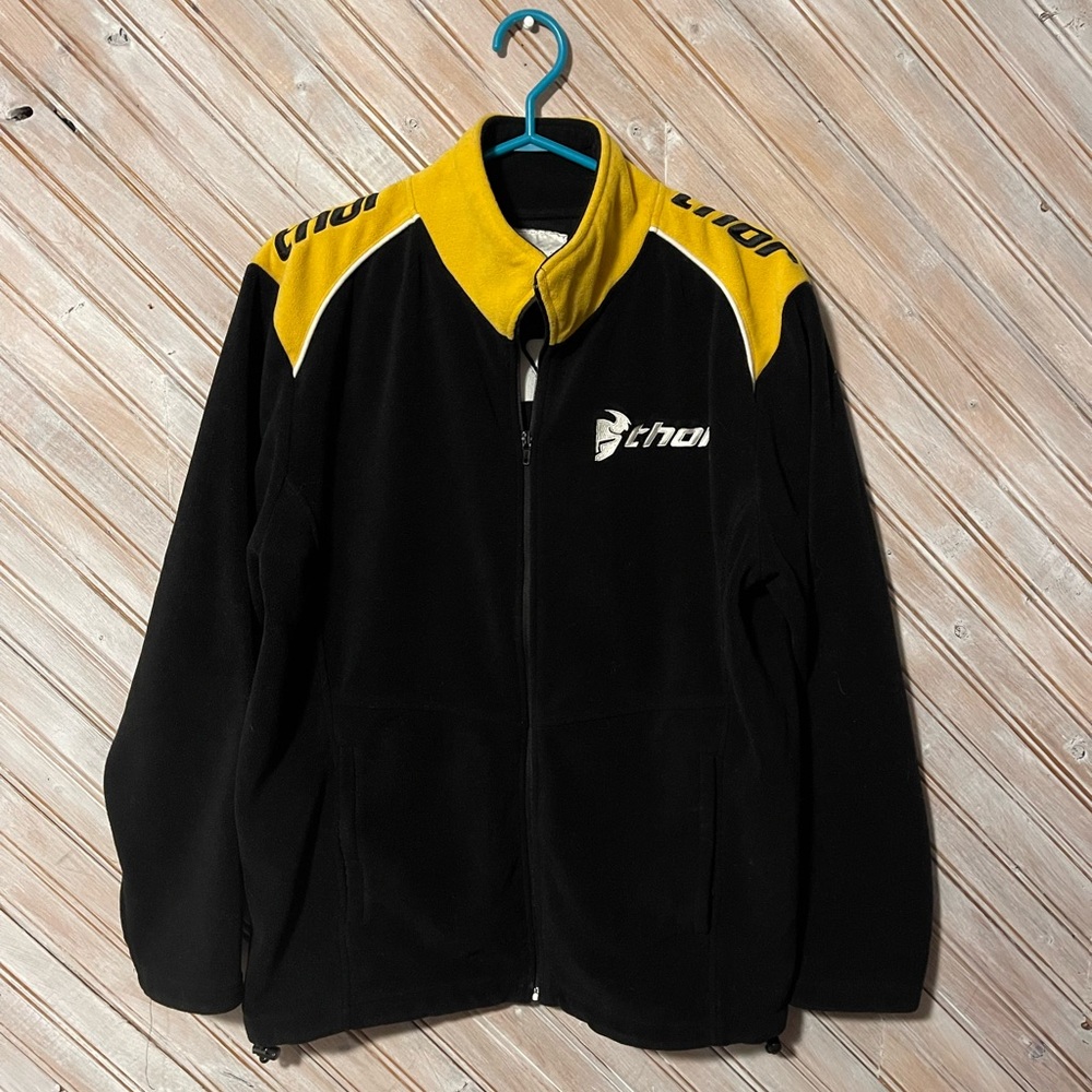 Thor fleece zippered sweater w/ waist drawstrings & embroi logos black & yellow